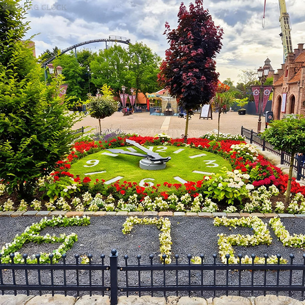 Seaside Theme Park Floral Clock Landmark with Oversized Hands and Turf Dial