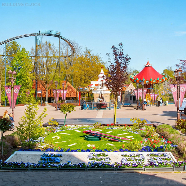 6. Flower clock foreground with themed architecture and visitor promenade behind 6. Flower clock foreground with themed architecture and visitor promenade behind
